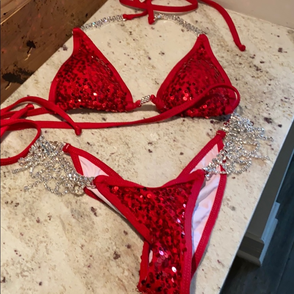 Red sequenced competition bikini